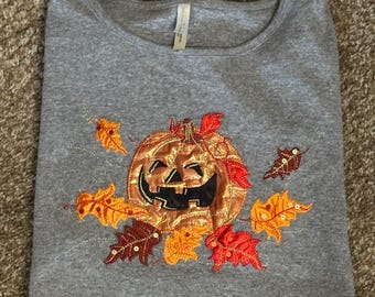 White Stag Gray Long Sleeve Top with Orange Pumpkin & Red, Gold Leaves