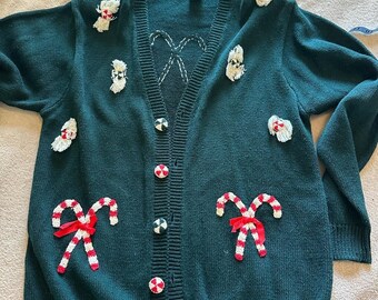 Vintage Forest Green Candy Cane Embellished Cardigan Sweater