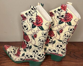 Nomad Women's Skull and Rose Cowboy Rain/gardening Boots