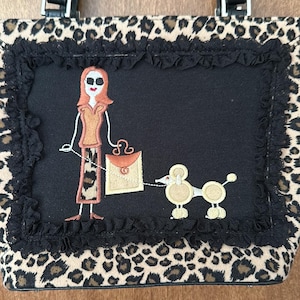 Vintage Leopard Print Embroidered Shoulder Bag with Woman and Poodle