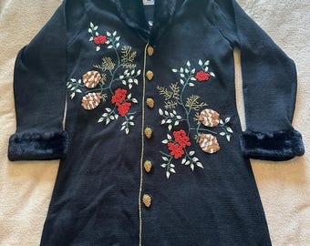 Storybook Knits Black Embroidered Faux Fur-Trim Christmas Holiday Cardigan