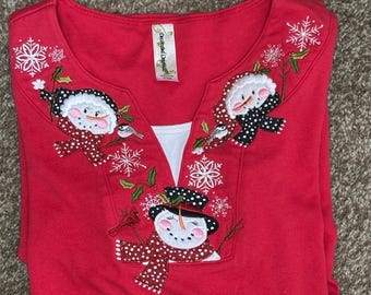 Red Holiday Snowman Embellished V-Neck Top