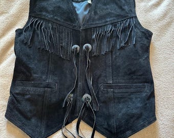 Vintage Black Suede Leather Fringe Tie-Front Vest