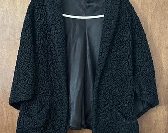 Vintage Black Curly Lambs Wool Shrug Wrap Stole Cape Coat