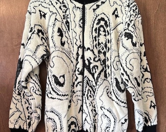 Vintage 80s Le Roy Knitting Black and White Zip Up Sweater Size S