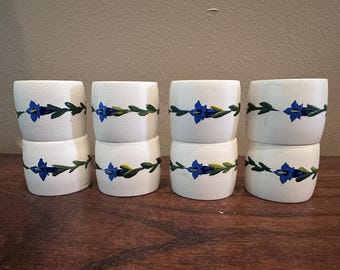 Handpainted Blue Iris Flower On White Wooden Napkin Rings Set of 8