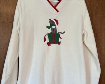 Bobbie Brooks Cream Fleece Pullover with Red Trim & Green Embroidered Gift Cat