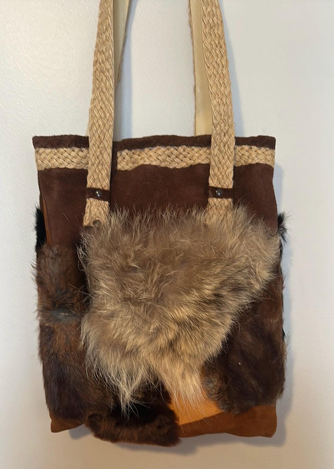 RARE- Handmade Suede & Fur Large Satchel/Bag with Tassels Vintage 40/50s Ermine Tail Fur Black Suede Purse Bag by  main image 3