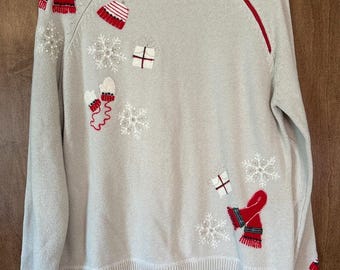 Vintage Marisa Christina Cream Crewneck Christmas Winter Sweater with Red Trim
