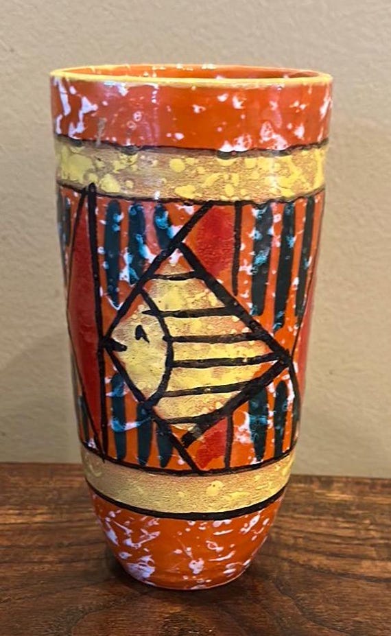 魚模様の手作り陶器花瓶 陶器 壺 花瓶 魚模様 置物 レトロ