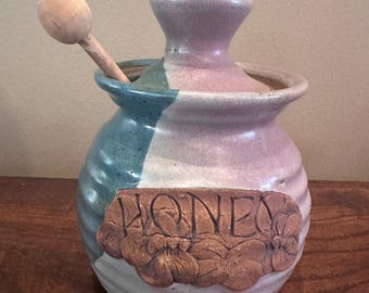 Handgemachter Teal & Lavender Steingut Honigtopf mit Bienen mit Honiglöffel