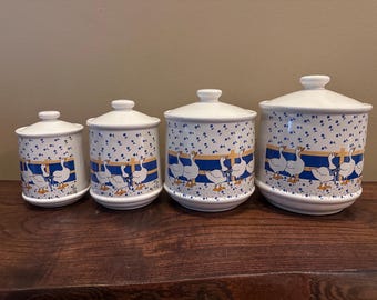 Set van 4 - Keramische busset met blauwe lintganzen en deksels, Cottagecore Kitchen Goose-decor, vintage ganzenkeukendecor