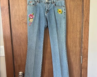 New York & Company Blue Flare Jeans with Floral Embroidery