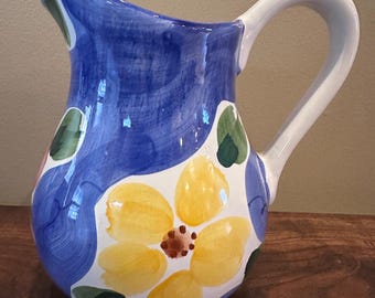 Vintage Hilmark Indigo Blue Floral Ceramic Pitcher
