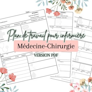 May include: A printable medical-surgical nursing care plan template in black and white. The template includes sections for patient information, vital signs, medications, and other important details. The title of the template is "Plan de travail pour infirmière Médecine-Chirurgie VERSION PDF".