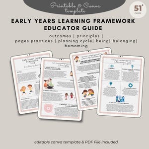May include: A digital educator guide titled "Early Years Learning Framework" with the text "Printable & Canva Template." The guide includes pages on outcomes, principles, practices, and planning cycles. The design features illustrations and text on a light background.