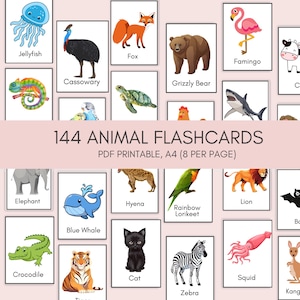 144 tarjetas didácticas de animales imprimibles para niños / Tarjetas didácticas Montessori / Imágenes realistas de animales para niños pequeños y preescolares