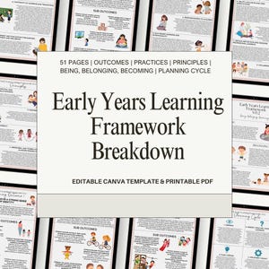May include: A digital document titled "Early Years Learning Framework Breakdown" with the text "51 Pages" and "Editable Canva Template & Printable PDF." The document includes illustrations of children and text about outcomes, practices, and principles.
