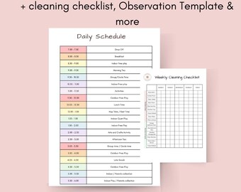 Puede incluir: Un horario diario imprimible y una lista de verificación de limpieza en rosa y blanco. El horario diario incluye franjas horarias y descripciones de actividades. La lista de verificación de limpieza es una tabla con los días de la semana y las tareas de limpieza.