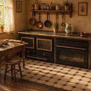 Puede incluir: Escena de cocina rústica con mesa de madera, taburete y cocina antigua. Cacerolas de cobre cuelgan sobre la cocina y una ventana ofrece vistas al exterior. Un cuenco y un rodillo están sobre la mesa, sugiriendo una actividad de horneado.