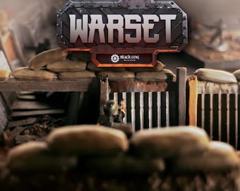 May include: A miniature wargaming set with a trench scene and a soldier figurine. The set features a sign that reads "WARSET" and "Black Cog Workshop".