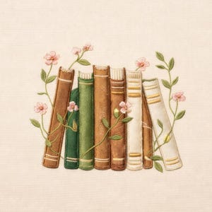 Könnte beinhalten: Eine Illustration von Büchern in verschiedenen Farben, darunter Braun, Grün und Weiß, verziert mit zarten rosa Blüten und grünen Ranken. Die Bücher sind auf einem neutralen Hintergrund angeordnet und erzeugen eine weiche, einladende Ästhetik.