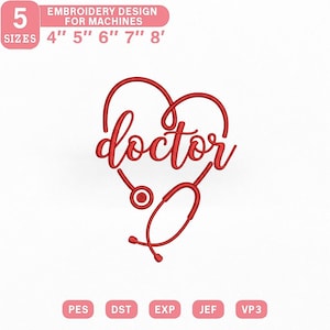 Puede incluir: Diseño de bordado rojo con la palabra "doctor" en forma de corazón y estetoscopio. Disponible en 5 tamaños: 10 cm, 13 cm, 15 cm, 18 cm y 20 cm. Formatos de archivo de bordado: PES, DST, EXP, JEF, VP3. "Diseño de bordado para máquinas".
