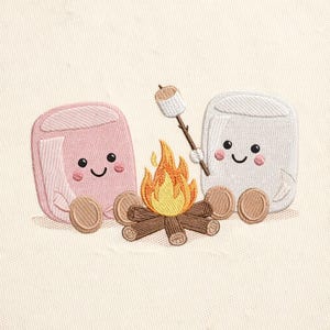 May include: An embroidered design showing two smiling marshmallow characters by a campfire. One marshmallow is pink, the other white, with a marshmallow on a stick over the flames. The campfire is made of brown logs.