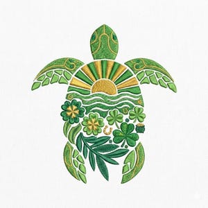 Könnte beinhalten: Gesticktes grünes Meeresschildkröten-Design mit St. Patrick's Day-Thema. Die Schildkröte zeigt einen Sonnenaufgang, Kleeblätter, Blumen und einen Topf Gold. Das Design befindet sich auf weißem Hintergrund.