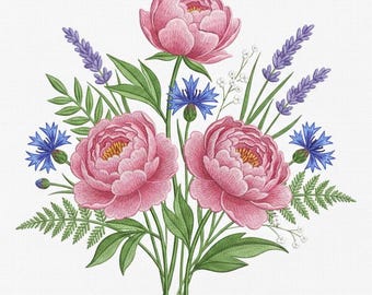 Floral Bouquet Embroidery File, Peony Wildflower Embroidery Design, Botanical Flower Machine File