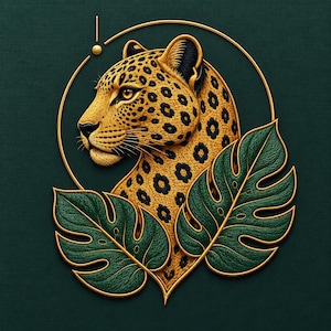 Può includere: Una toppa ricamata raffigurante una testa di leopardo dorata con macchie nere di profilo, incorniciata da una sottile linea circolare dorata e due foglie di monstera verde scuro con contorni dorati, su uno sfondo verde scuro testurizzato.
