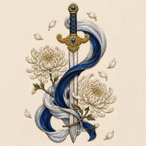 Può includere: Un'opera d'arte ricamata raffigurante una spada con elsa dorata e dettagli blu, intrecciata con nastri blu e bianchi e fiori di crisantemo bianchi. L'opera è ambientata su uno sfondo color crema.