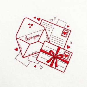 May include: Red embroidered design of an open envelope with the words "love you", surrounded by hearts and letters. One letter is tied with a red bow and has a heart-shaped stamp. The design is on a white background.