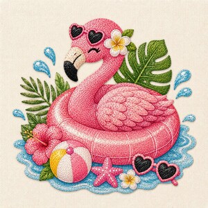 Puede incluir: Flamenco rosa bordado con gafas de sol en forma de corazón y una flor, flotando en una boya rosa. Tema tropical con un balón de playa, una estrella de mar y una flor de hibisco. El agua azul y las hojas verdes completan la escena.