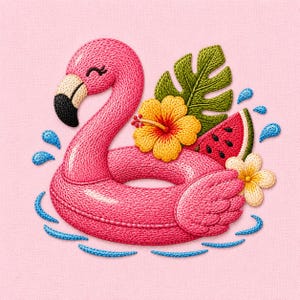 Puede incluir: Un parche bordado que muestra un flotador de flamenco rosa rodeado de gotas de agua azules. El diseño incluye una flor de hibisco amarilla, una hoja de monstera verde, una rodaja de sandía y una pequeña flor blanca sobre un fondo rosa claro.