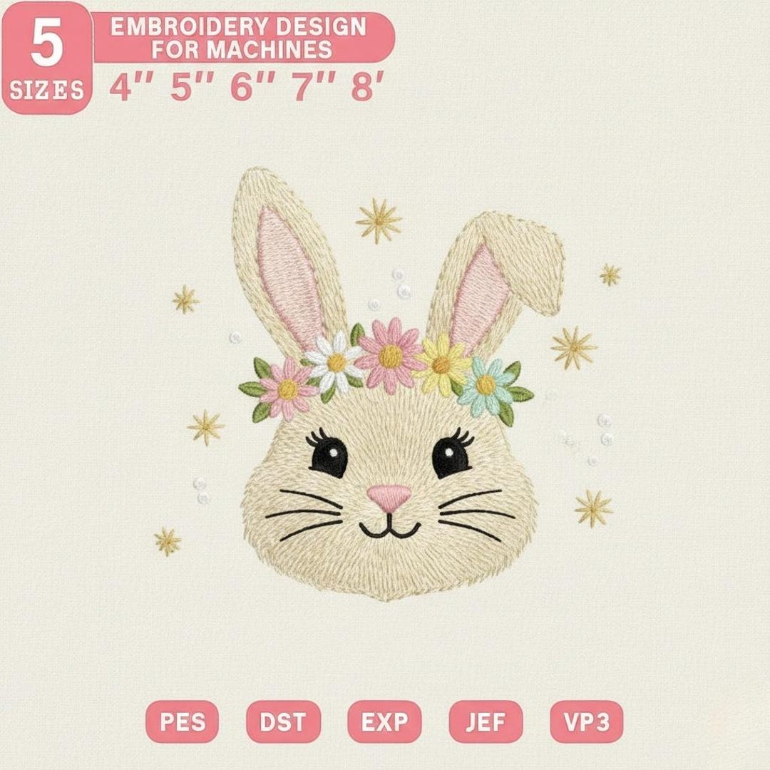 Rabbit Face Pattern Examples Floral Bunny Machine Embroidery Design, Rabbit Face Pattern (digital ...