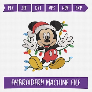 May include: An embroidery machine file featuring Mickey Mouse wearing a Santa hat and surrounded by Christmas lights. Mickey is in his classic pose with white gloves, red shorts, and yellow shoes. The text "EMBROIDERY MACHINE FILE" is at the bottom.