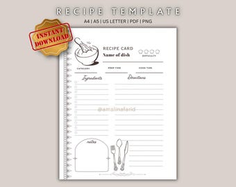 Recipe Template Printable | Recipe Book | Blank Recipe Page | Recipe Card | Home Cook Book Journal | Recipe Organizer| A4/A5/Letter/PNG