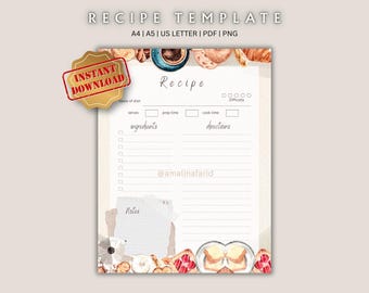 Plantilla de receta imprimible / Libro de recetas / Página de recetas en blanco / Tarjeta de recetas / Diario de cocina casero / Organizador de recetas / A4/A5/Carta/PNG