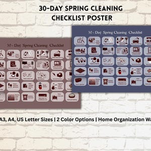 Póster de lista de verificación de limpieza de primavera de 30 días (descarga digital) - PDF ilustrado / A3, A4, Carta EE. UU. / Arte mural para organizar el hogar / Descarga instantánea