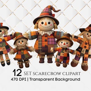 May include: A collection of five scarecrow dolls with straw hair, smiling faces, and patchwork clothing. Each doll wears a hat and has outstretched arms. The image includes the text "12 SET SCARECROW CLIPART".