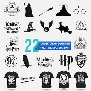 Puede incluir: Una colección de 22 diseños de descarga digital con siluetas y gráficos. Incluye un mago, una escoba, un castillo, gafas y varios elementos temáticos de Harry Potter. Los diseños están disponibles en formatos PNG, PDF, SVG, EPS y DXF.