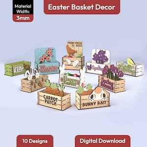 Op de afbeelding: Een verzameling lasergesneden houten paasmanddecoraties. Ontwerpen omvatten lentebloemen, konijntjes, wortels en eieren. De tekst op de decoraties bevat "Spring Magic", "Blooming Season", "Happy Easter" en "Bunny Bait". De materiaaldikte is 3 mm.