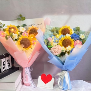 Handgemachter gehäkelter Sonnenblumen-Rosenstrauß mit Lichtern, gehäkelter Strauß Geschenk, Muttertagsgeschenk, Geburtstagsgeschenk, Blumengeschenk für Mama / Lehrer / Freunde