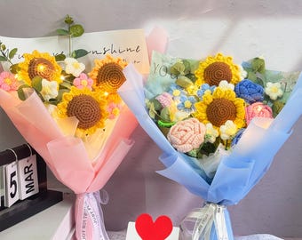 Handmade Crochet Sunflower Rose Bouquet with Lights,Crochet Bouquet Gift,Mother&#39;s Day Gift,Birthday Gift,Flower Gift for Mom/Teacher/Friends