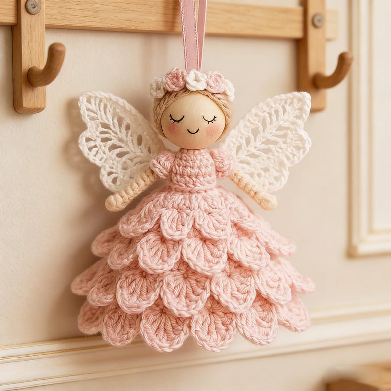 Peut inclure: Ornement en forme d'ange en crochet rose fait &agrave; la main, avec des ailes en dentelle blanche et une couronne florale. La t&ecirc;te de l'ange est en bois avec des traits peints, suspendu par un ruban rose. Un objet d&eacute;coratif charmant.