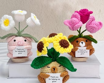 Adorable Crochet Animal Flower Pot,Crochet Sunflower/Lily of the Valley/Tulip,Crochet Bear/Pig/Capybara Animal Pot,Crochet Cute Desk Decor