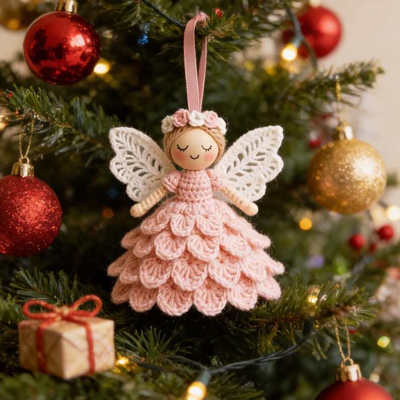 Peut inclure: Ornement de No&euml;l fait &agrave; la main en forme d'ange. L'ange a une robe en crochet rose clair, des ailes en dentelle blanche et un visage en bois avec les yeux ferm&eacute;s. Un ruban rose est attach&eacute; pour l'accrocher. L'ornement est entour&eacute; de d&eacute;corations de sapin de No&euml;l.