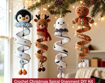 May include: Four crochet spiral ornaments hanging from a branch. The designs include a penguin with blue earmuffs, a brown reindeer with a red scarf, a white ghost with black bats, and a gingerbread man. Text reads: Crochet Christmas Spiral Oranment DIY Kit.