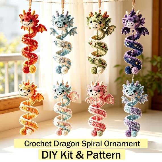 Cute Dragon Crochet Spiral Ornament DIY Kit & Pattern,Beginner‑Friendly Amigurumi Hanging Decor,Car Charm,Handmade Gift for Crochet Lovers